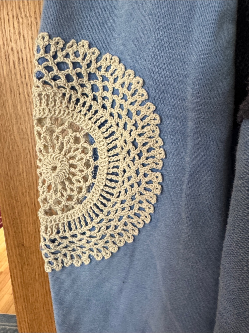 POL Light Blue & Navy Hooded Sweatshirt top with Crochet Accents & raw hem NEW - Picture 4 of 6
